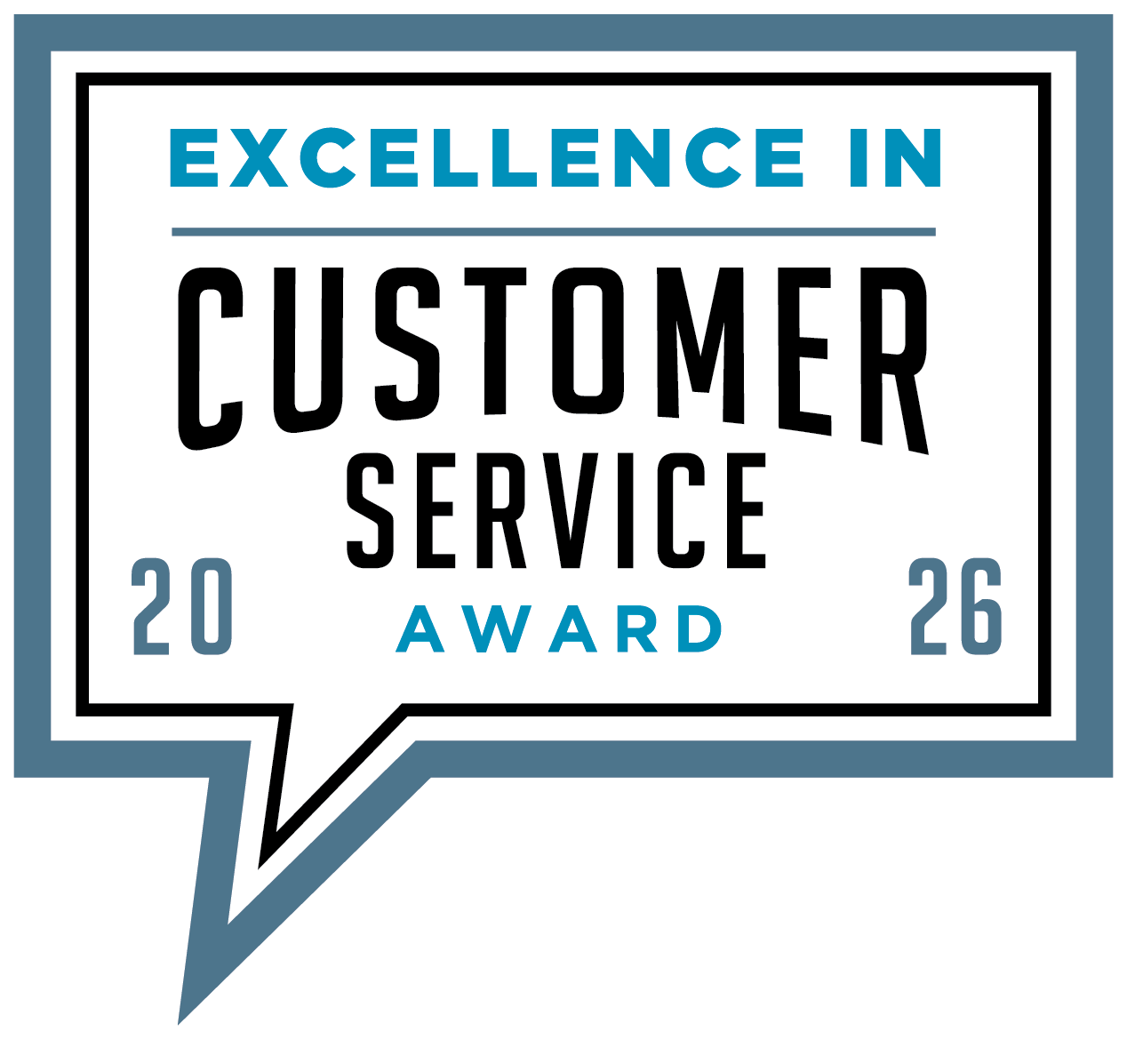 Award badge reading 'Excellence in Customer Service' with 'AWARD' and the year 2026 in teal and black typography, framed by a blue border.