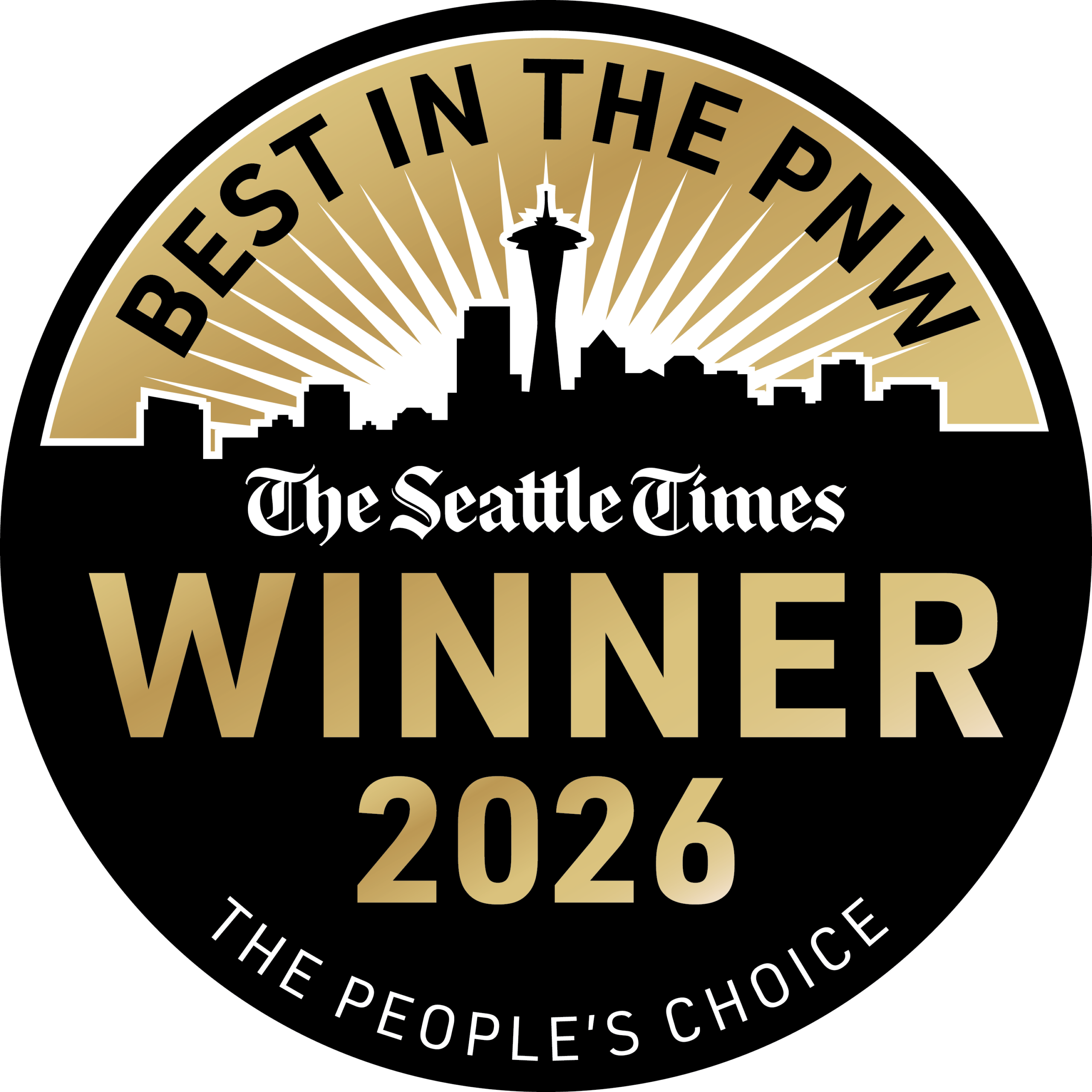 Circular badge for The Seattle Times award: black background with a gold arc, Seattle skyline silhouette, and the word WINNER in gold.