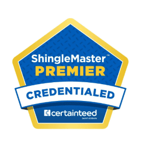Blue and gold badge that reads 'ShingleMaster PREMIER' with a white ribbon 'CREDENTIALIZED' and the CertainTeed logo, indicating a certification badge.